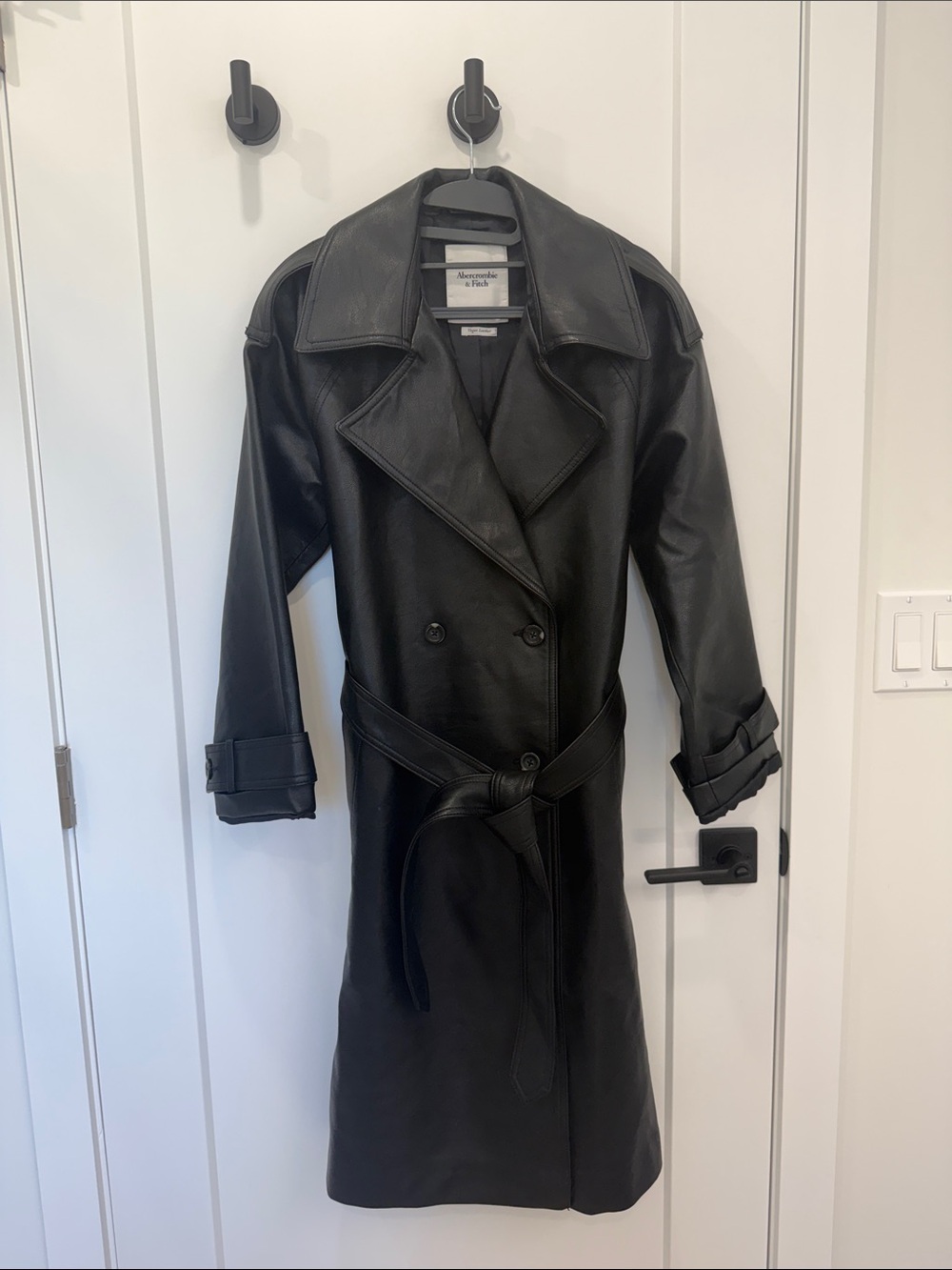 AllSaints Black Leather Double-Breasted Trench Coat